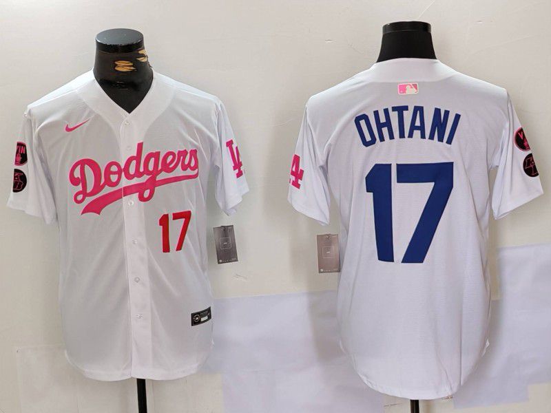 Men Los Angeles Dodgers 17 Ohtani White pink joint name 2024 Nike MLB Jersey style 2